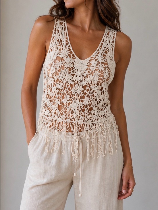 Haute Society Tops - Haute Society Cream Crochet Fringe Camisole